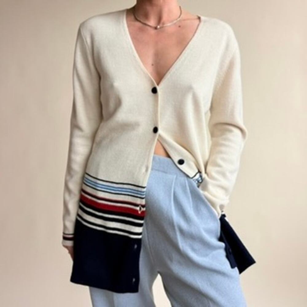 Jones & Co. Nautical Striped Cardigan - Merino Wool, Cream/Blue/Red, Y2K - Small